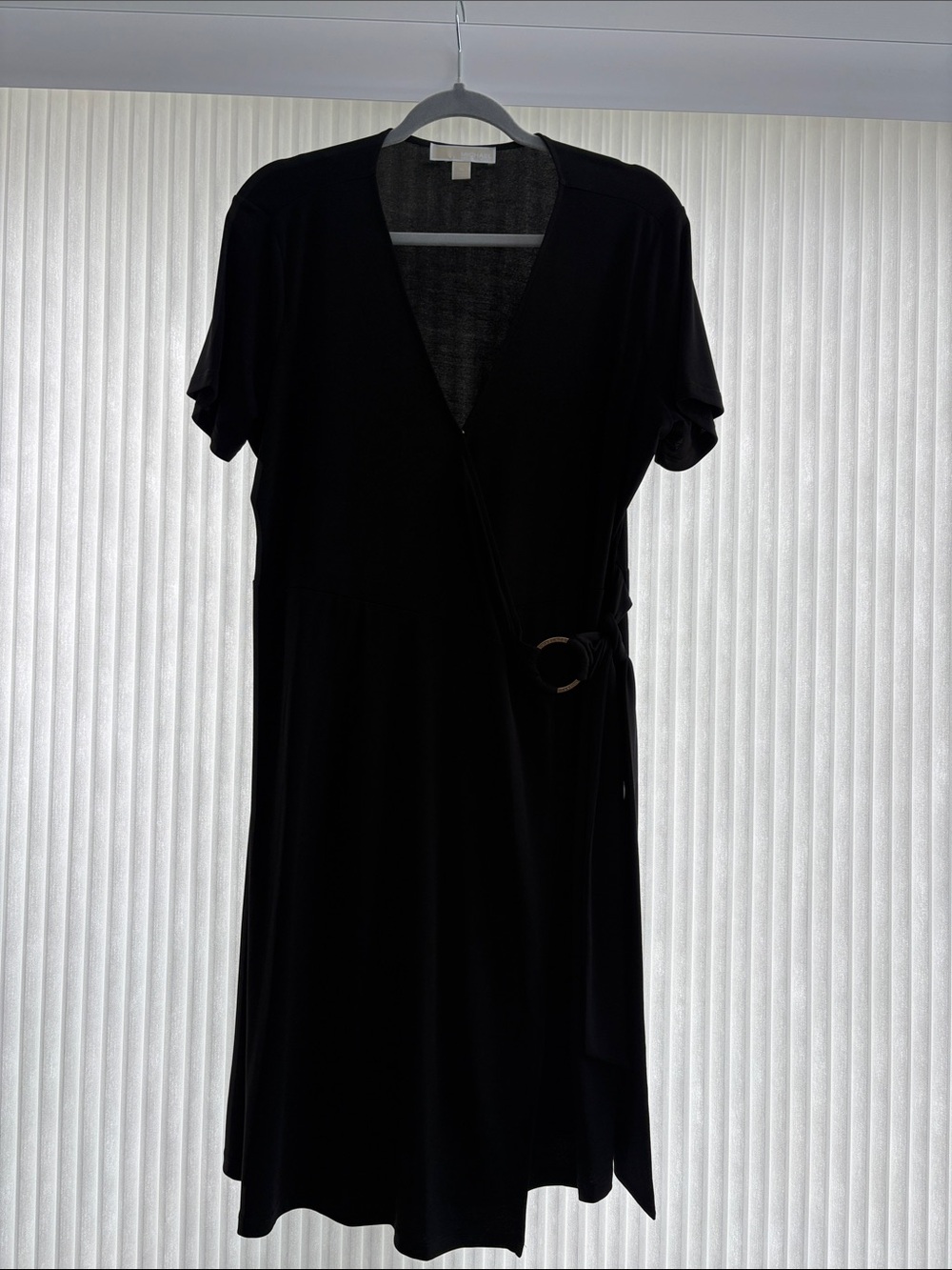 Michael Kors Black Short-Sleeve Wrap Dress with Gold Side Ring Detail